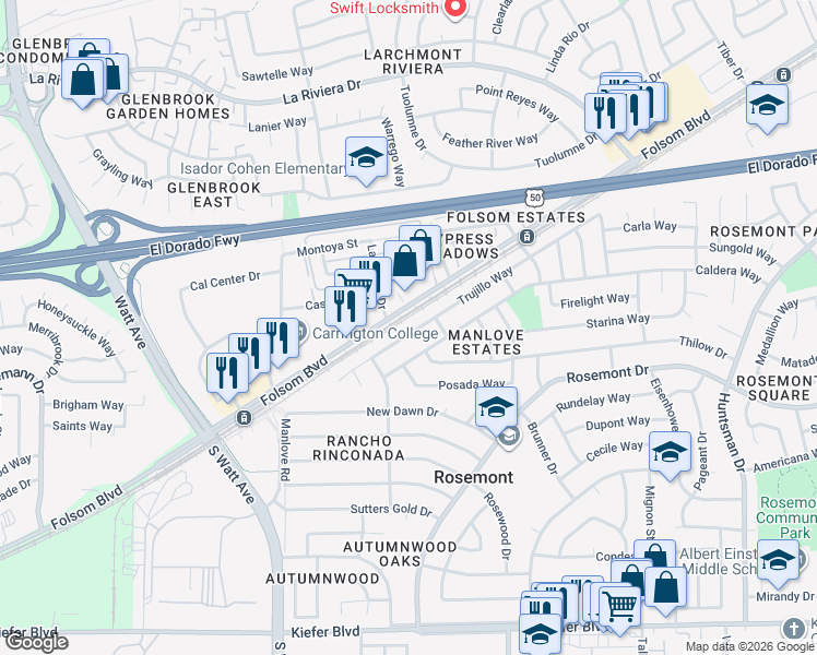 map of restaurants, bars, coffee shops, grocery stores, and more near 9037 Caldera Way in Sacramento