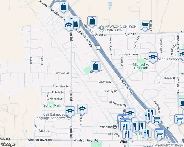 map of restaurants, bars, coffee shops, grocery stores, and more near 9812 Veronica Drive in Windsor