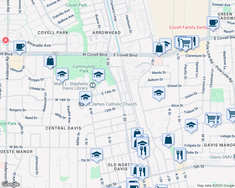 map of restaurants, bars, coffee shops, grocery stores, and more near 1313 F Street in Davis