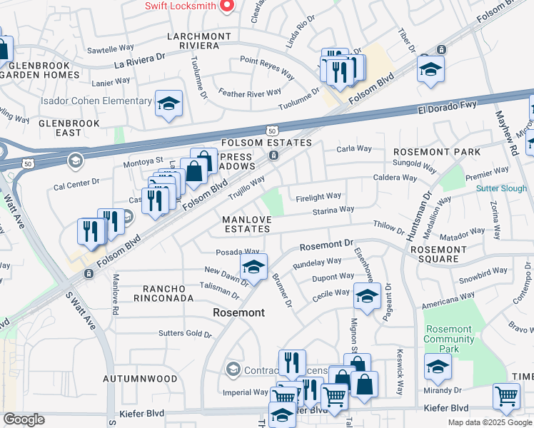 map of restaurants, bars, coffee shops, grocery stores, and more near 9100 Starina Way in Sacramento