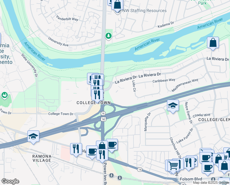 map of restaurants, bars, coffee shops, grocery stores, and more near 7924 La Riviera Drive in Sacramento