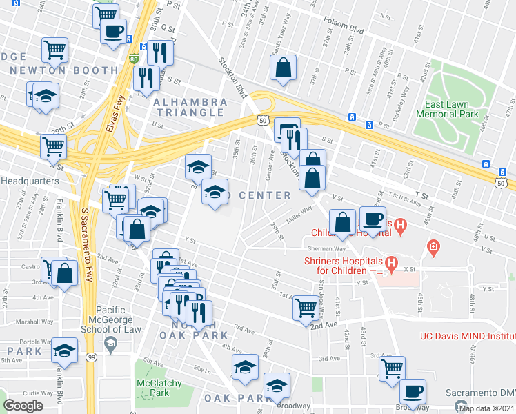 map of restaurants, bars, coffee shops, grocery stores, and more near 2301 36th Street in Sacramento