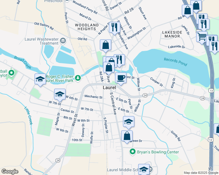 map of restaurants, bars, coffee shops, grocery stores, and more near in Laurel