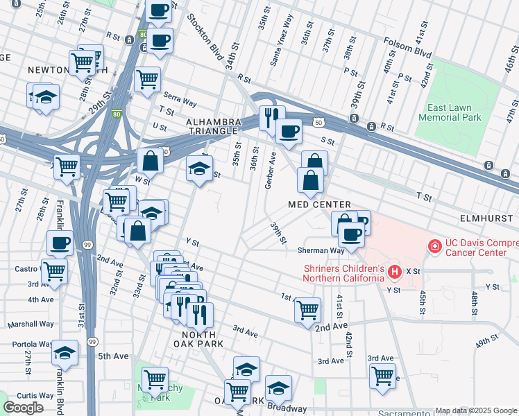 map of restaurants, bars, coffee shops, grocery stores, and more near 2264 Gerber Avenue in Sacramento