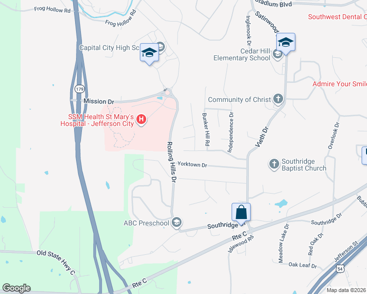 map of restaurants, bars, coffee shops, grocery stores, and more near 2417 Colonial Hills Road in Jefferson City