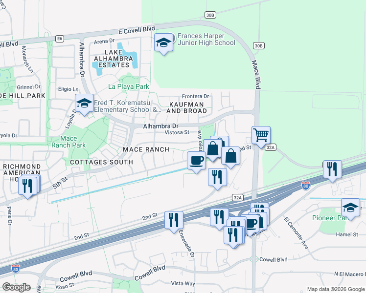 map of restaurants, bars, coffee shops, grocery stores, and more near 4208 Alegre Way in Davis