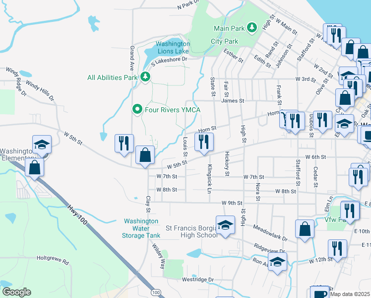 map of restaurants, bars, coffee shops, grocery stores, and more near 600 Louis Street in Washington