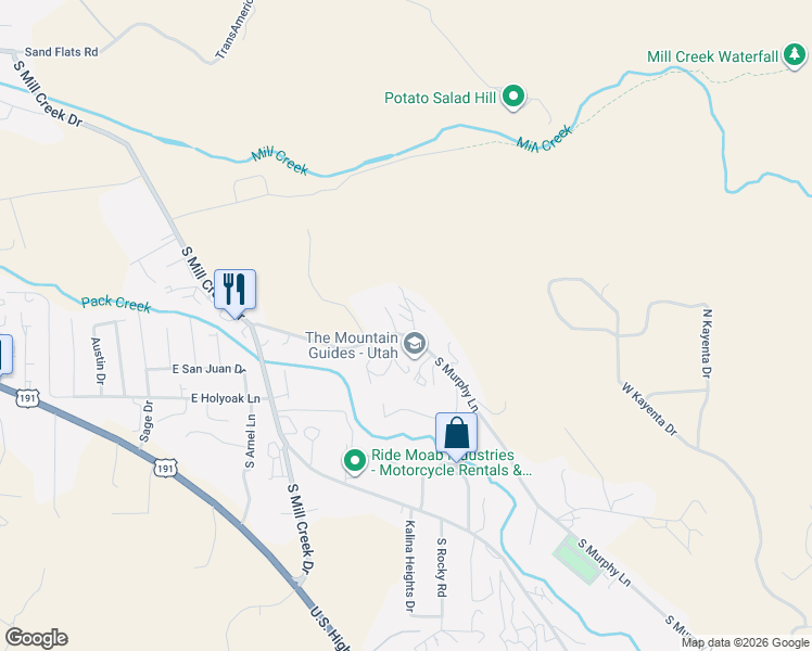 map of restaurants, bars, coffee shops, grocery stores, and more near 1154 Murphy Lane in Moab