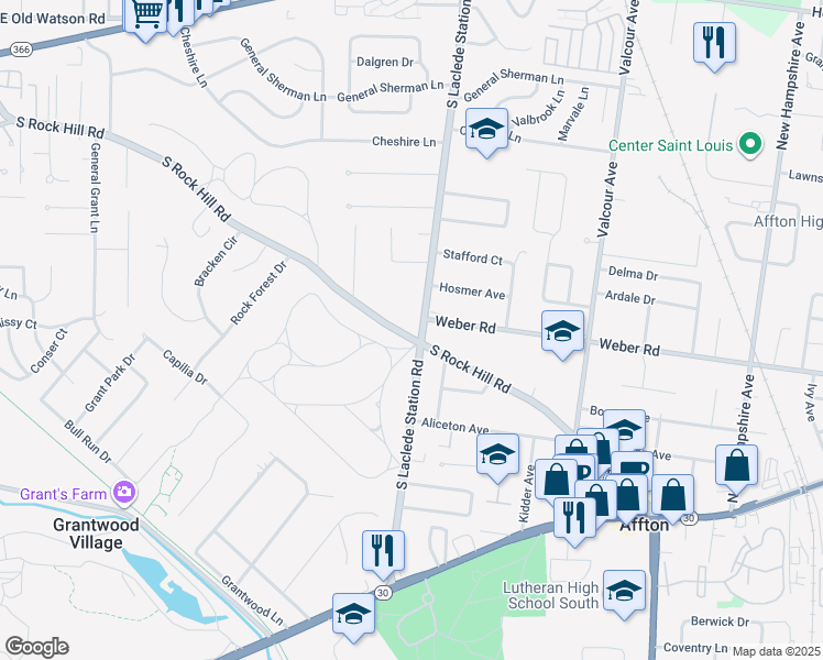map of restaurants, bars, coffee shops, grocery stores, and more near 7301 Raleigh Drive in St. Louis