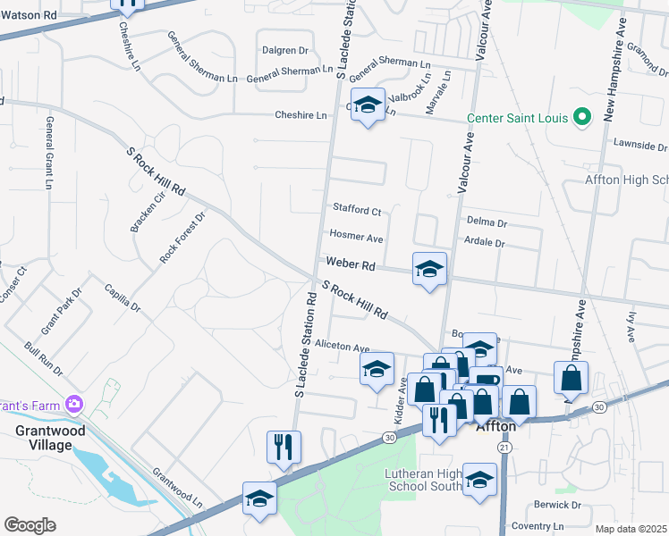 map of restaurants, bars, coffee shops, grocery stores, and more near 7220 Weber Road in Affton