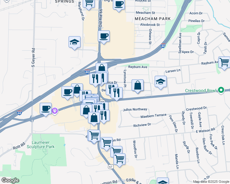 map of restaurants, bars, coffee shops, grocery stores, and more near 136 Deane Court in St. Louis