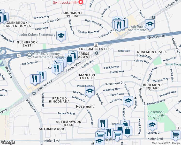 map of restaurants, bars, coffee shops, grocery stores, and more near 9100 Starina Way in Sacramento