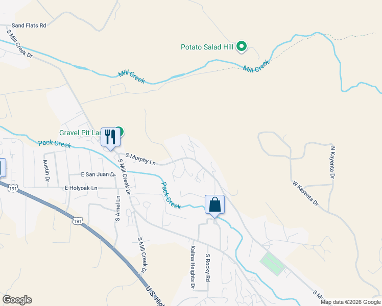 map of restaurants, bars, coffee shops, grocery stores, and more near 1154 Murphy Lane in Moab