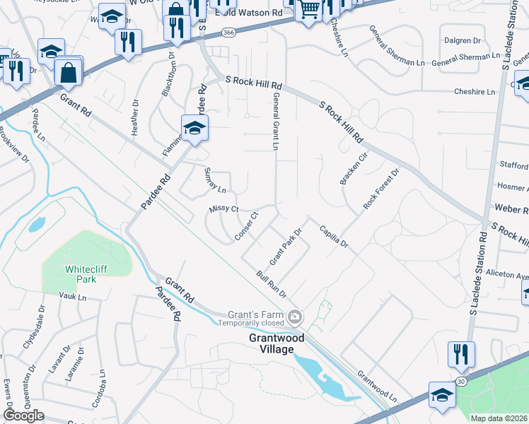 map of restaurants, bars, coffee shops, grocery stores, and more near 9123 General Grant Lane in St. Louis