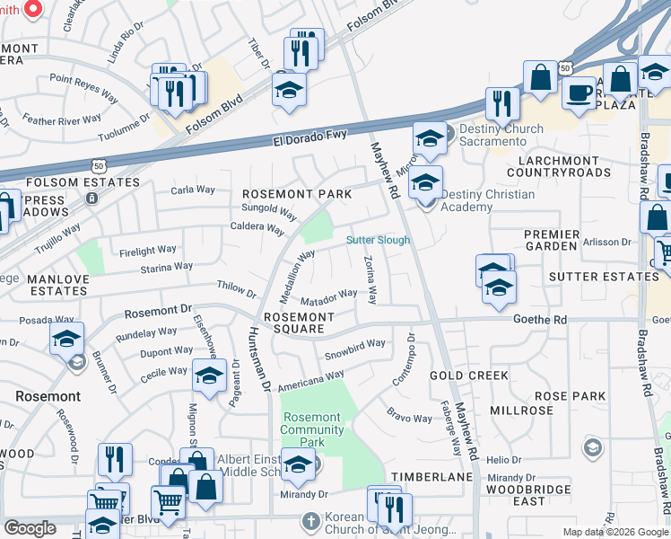 map of restaurants, bars, coffee shops, grocery stores, and more near 3358 Calico Court in Sacramento