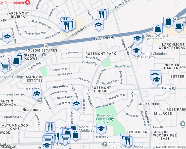 map of restaurants, bars, coffee shops, grocery stores, and more near 9224 Agena Court in Sacramento