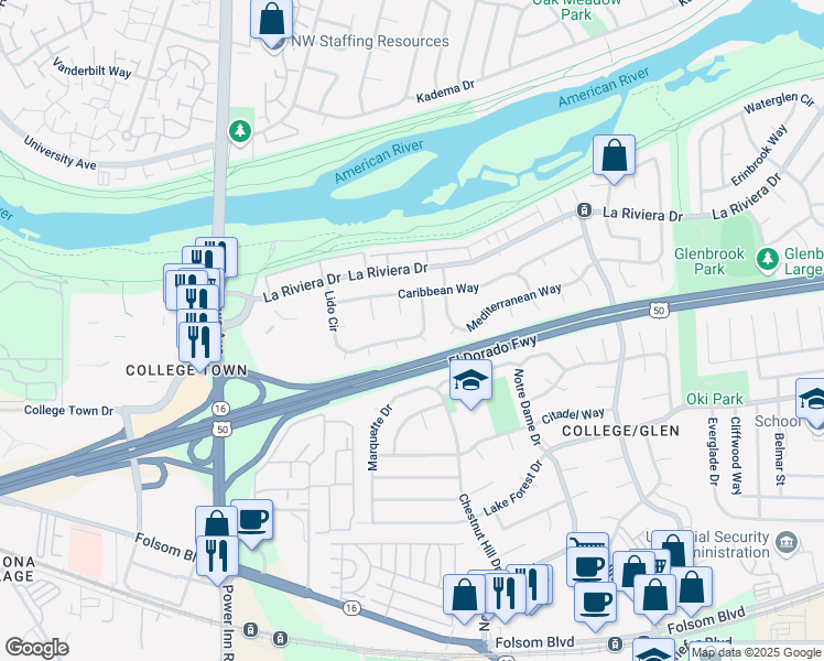 map of restaurants, bars, coffee shops, grocery stores, and more near 102 Lido Circle in Sacramento
