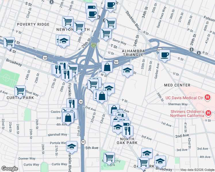 map of restaurants, bars, coffee shops, grocery stores, and more near 2426 33rd Street in Sacramento