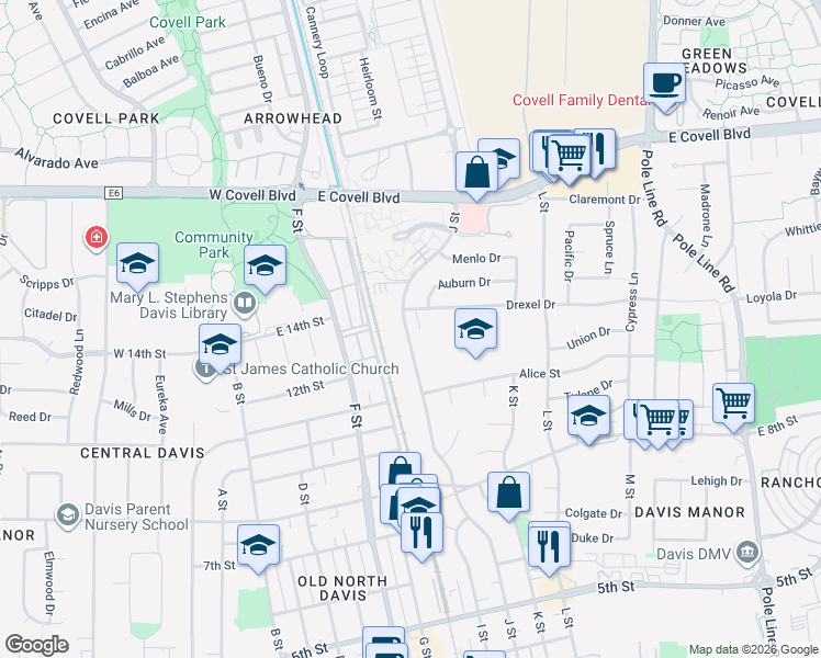 map of restaurants, bars, coffee shops, grocery stores, and more near 1030-32 J Street in Davis