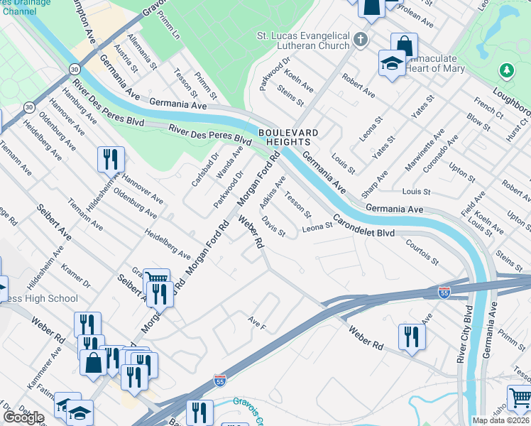 map of restaurants, bars, coffee shops, grocery stores, and more near 4127 Davis Street in St. Louis