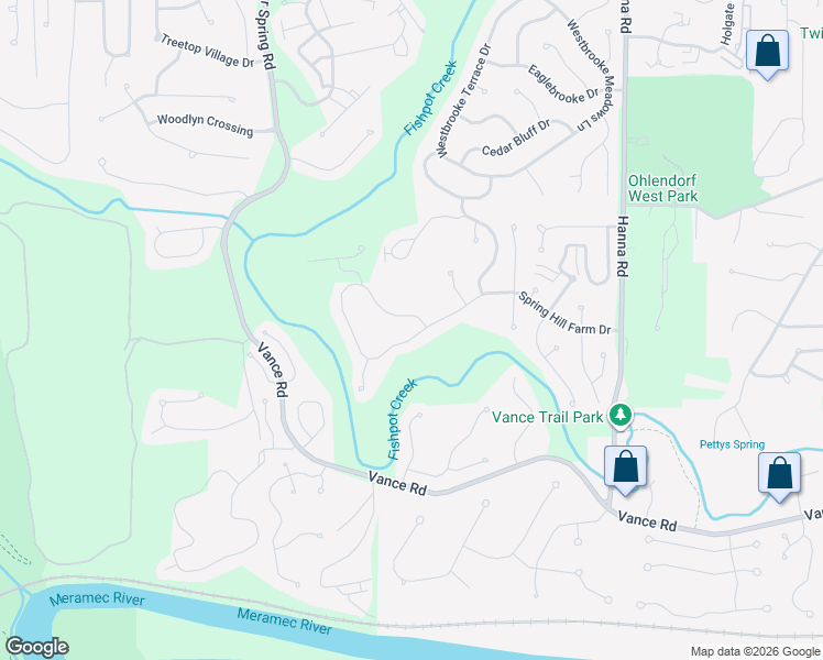 map of restaurants, bars, coffee shops, grocery stores, and more near 734 Spring Hill Farm Drive in Ballwin