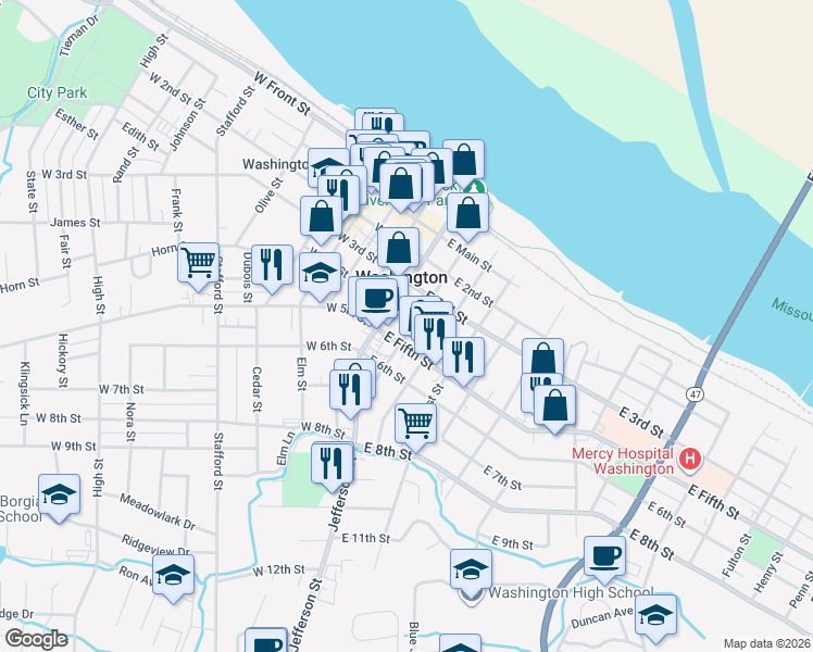 map of restaurants, bars, coffee shops, grocery stores, and more near 20 West 5th Street in Washington