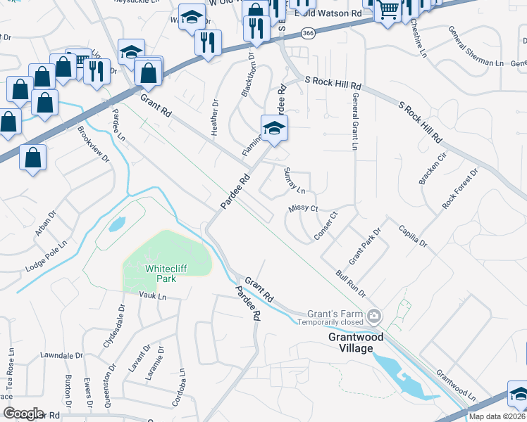 map of restaurants, bars, coffee shops, grocery stores, and more near 7740 Missy Court in St. Louis