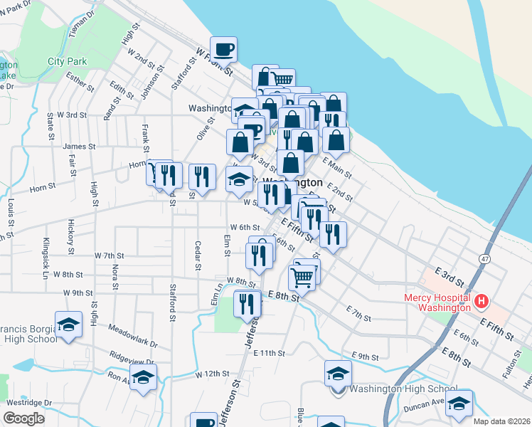 map of restaurants, bars, coffee shops, grocery stores, and more near 20 West 5th Street in Washington