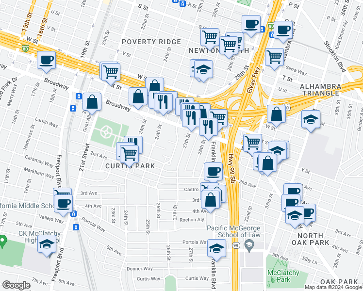 map of restaurants, bars, coffee shops, grocery stores, and more near 2540 27th Street in Sacramento