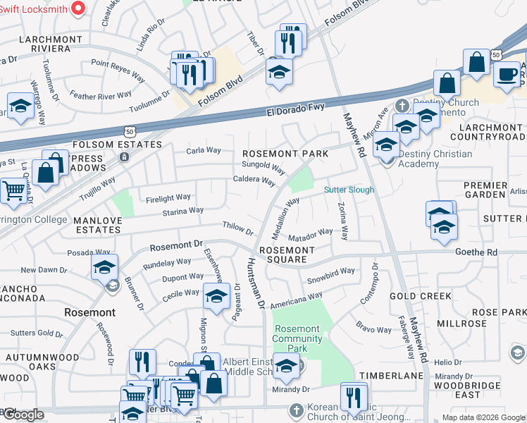 map of restaurants, bars, coffee shops, grocery stores, and more near 9224 Agena Court in Sacramento