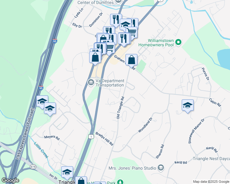 map of restaurants, bars, coffee shops, grocery stores, and more near 3973 Shire Meadow Lane in Dumfries