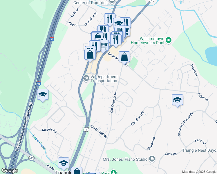 map of restaurants, bars, coffee shops, grocery stores, and more near 3973 Shire Meadow Lane in Dumfries