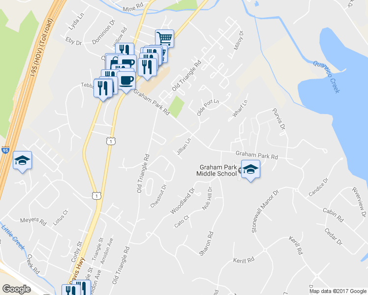 map of restaurants, bars, coffee shops, grocery stores, and more near 18222 Jillian Lane in Triangle