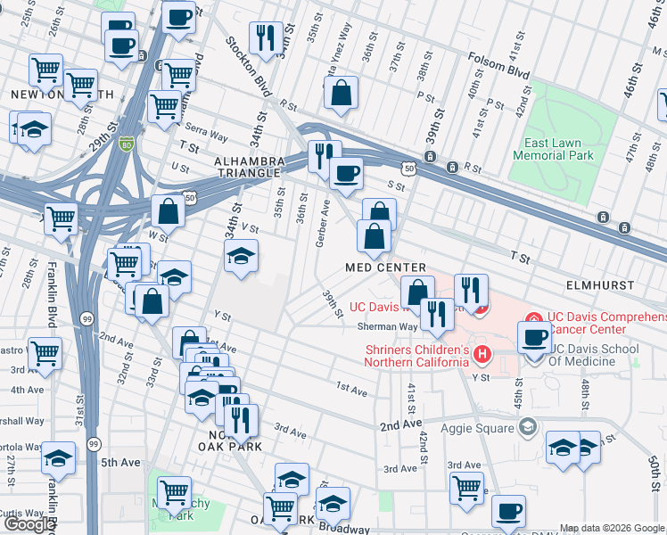 map of restaurants, bars, coffee shops, grocery stores, and more near 3912 Downey Way in Sacramento