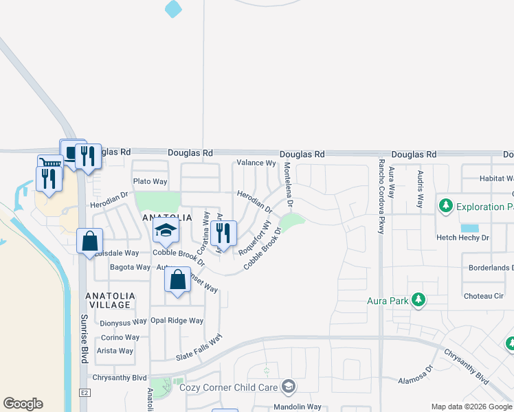 map of restaurants, bars, coffee shops, grocery stores, and more near Canyon Dr in Rancho Cordova