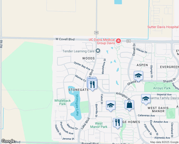 map of restaurants, bars, coffee shops, grocery stores, and more near 1417 Lake Boulevard in Davis