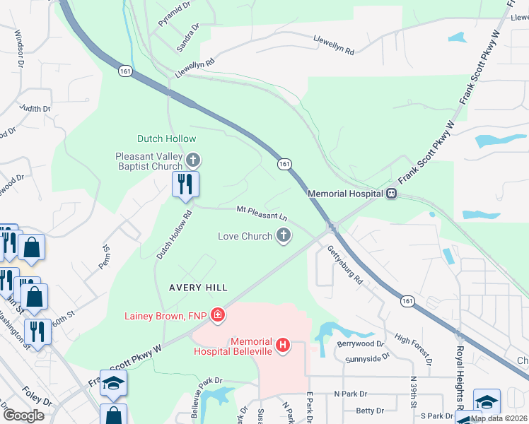 map of restaurants, bars, coffee shops, grocery stores, and more near 5784 Brett Michael Lane in Belleville