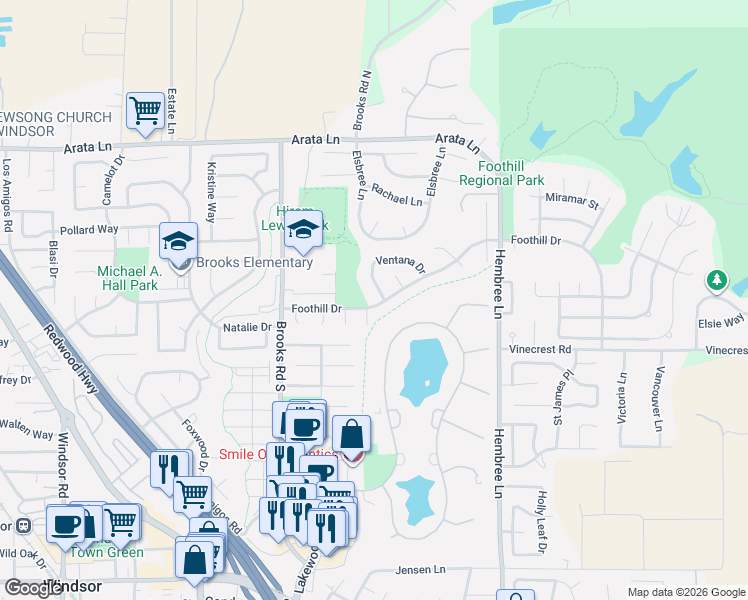 map of restaurants, bars, coffee shops, grocery stores, and more near 863 Foothill Drive in Windsor