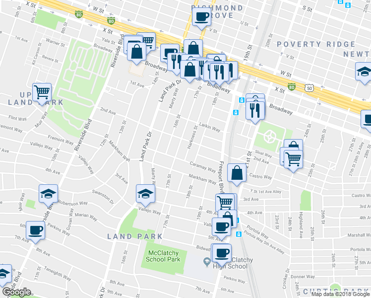 map of restaurants, bars, coffee shops, grocery stores, and more near 2716 Harkness Street in Sacramento