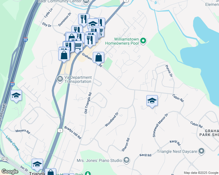 map of restaurants, bars, coffee shops, grocery stores, and more near 18222 Jillian Lane in Triangle