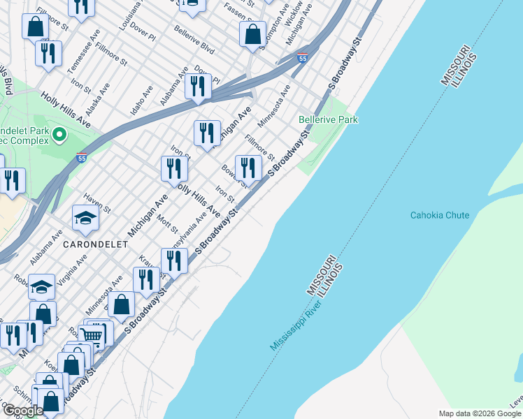 map of restaurants, bars, coffee shops, grocery stores, and more near 129 Iron Street in St. Louis