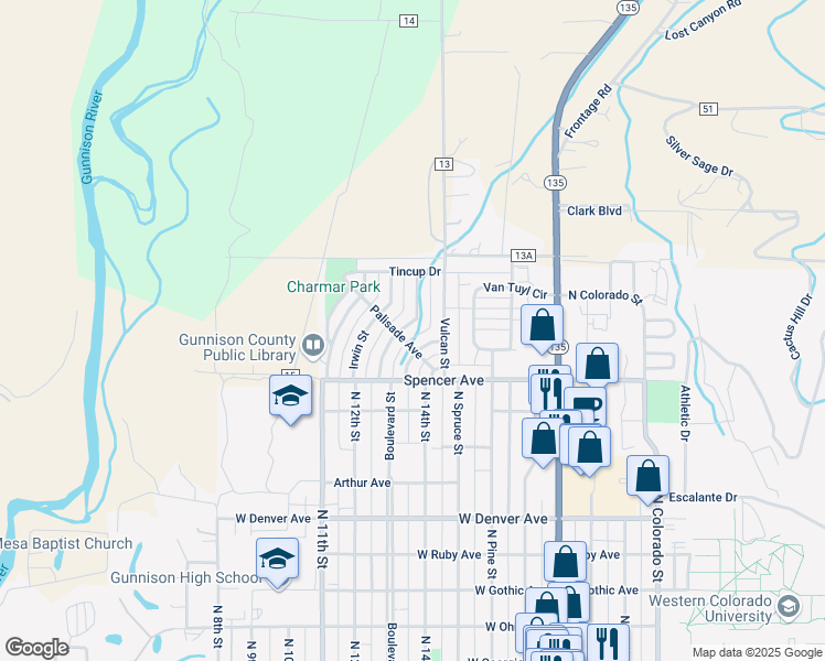 map of restaurants, bars, coffee shops, grocery stores, and more near 8 Dorchester Street in Gunnison