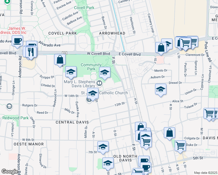 map of restaurants, bars, coffee shops, grocery stores, and more near 555 East 14th Street in Davis