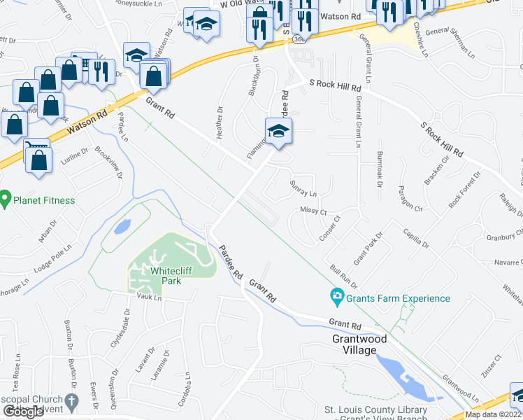 map of restaurants, bars, coffee shops, grocery stores, and more near 7947 Camelot Lane in St. Louis