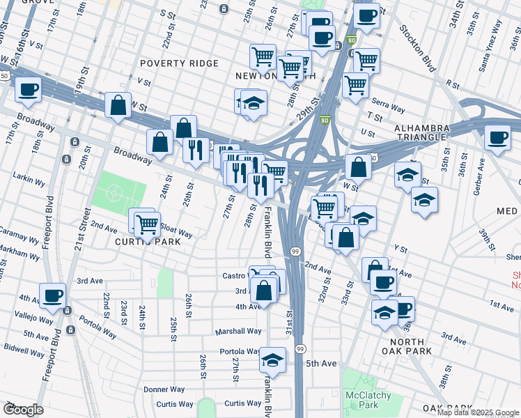 map of restaurants, bars, coffee shops, grocery stores, and more near in Sacramento