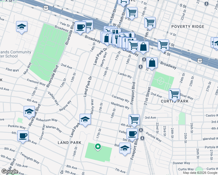 map of restaurants, bars, coffee shops, grocery stores, and more near in Sacramento