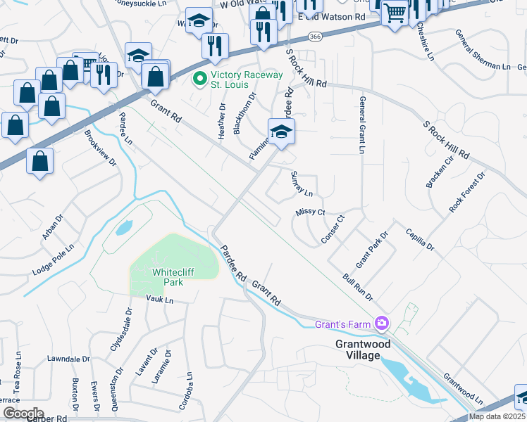 map of restaurants, bars, coffee shops, grocery stores, and more near 7947 Camelot Lane in St. Louis