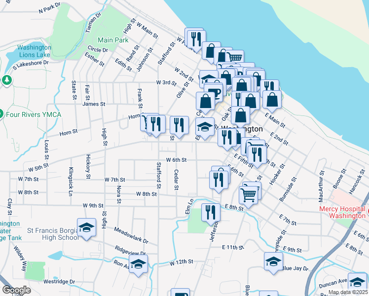 map of restaurants, bars, coffee shops, grocery stores, and more near 311 West 5th Street in Washington