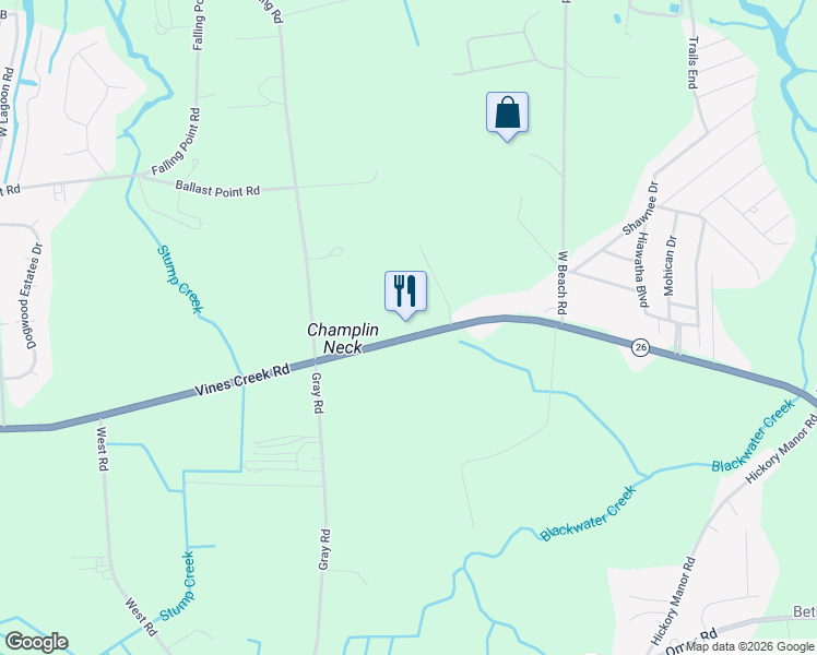 map of restaurants, bars, coffee shops, grocery stores, and more near Vines Creek Road in Frankford