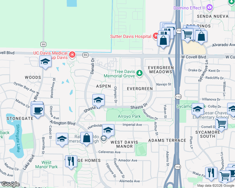 map of restaurants, bars, coffee shops, grocery stores, and more near 1506 Olympic Drive in Davis